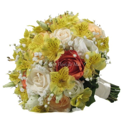 Buchet din trandafiri, eustoma, alstroemerii