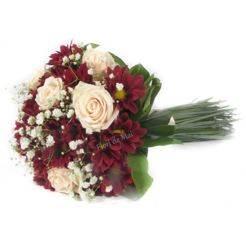 Buchet din trandafiri crem si crizantema grena