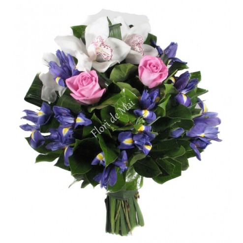 Buchet iris, trandafiri, orhidee