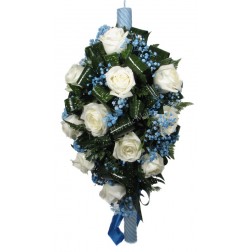 Lumanare de botez cu trandafiri albi si gypsophila
